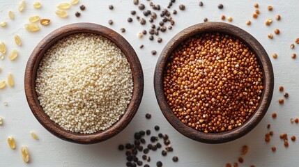 Two bowls of different types of grains on a light background.