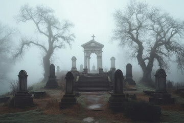 Foggy cemetery with weathered tombstones. Mysterious atmosphere