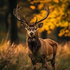 Wall Mural - Majestic Red Deer Buck with Antlers in Autumn Forest.