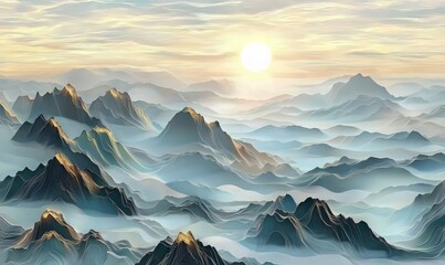 Wall Mural - Stunning panoramic view of sunrise in mountains. This picture was filtered to add a vintage effect to it.