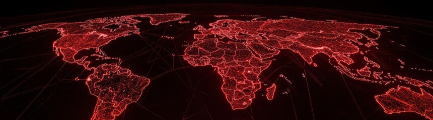 Aufkleber - From space, plexus light lines connect cities and countries. Virtual continents. Hyper-large background. Concept of transferring information. 3D rendering.