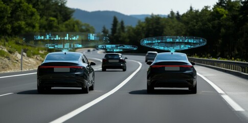 Poster - Intelligent car (HUD), autonomous self-driving mode vehicle on highway with graphic sensor radar signal
