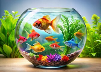 Colorful Fish Bowl Clipart with Vibrant Fish Swimming in Clear Water and Decorative Plants Included