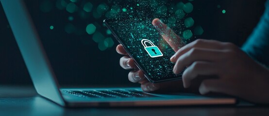 Aufkleber - Information privacy and cyber security concept in the internet technology world. Businessman working on smartphone shows padlock protecting financial and business information.