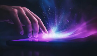 Aufkleber - Person with Metaverse Virtual World Experience via Smart Phone. Futuristic Tone. Conceptual Photo.