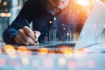 Fototapete - Data flow graph, digital neural network, stock markets. Businessman analyzes and visualizes complex information on a virtual screen using stock.