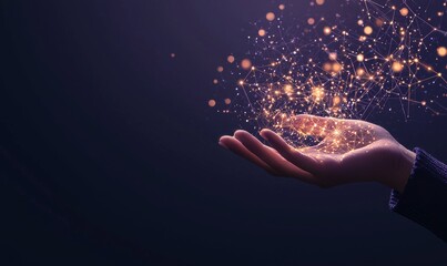Fototapete - Woman holding global network connection. Internet communication, wireless connection technology. Technological future with polygonal shapes.