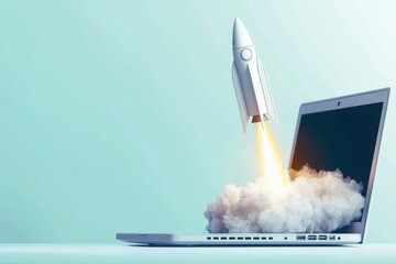 Poster - A laptop screen shows a space rocket being launched. Stock image
