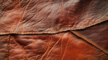 Textured brown leather surface with stitching details for luxury and fashion applications