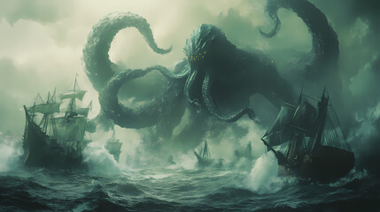 Wall Mural - Fantasy scene showing cthulhu the giant sea monster destroying ships, generative ai. Sea Monster. Illustration