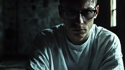 A man wearing glasses and a white shirt is sitting in a dark room