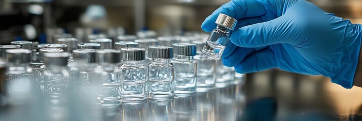 Aufkleber - Medical vials are checked by hand in a pharmaceutical factory using sanitary gloves. Chemical laboratory glass bottles are produced on a lab line. Research equipment is used in the lab.