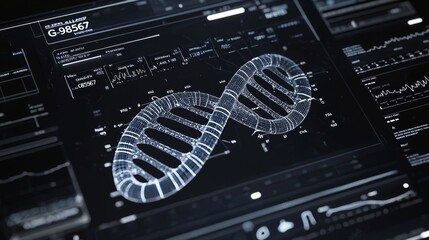 Fototapete - Digital interface displaying a detailed DNA structure analysis emphasizing advances in genomics and biotechnology.