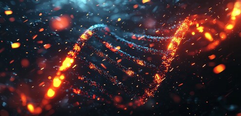 Canvas Print - A neon-lit DNA strand with vibrant blue and orange lights against an ethereal, dark backdrop, symbolizing biotechnology and genetic research