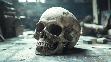 Wall Mural - A skull is sitting on a wooden table