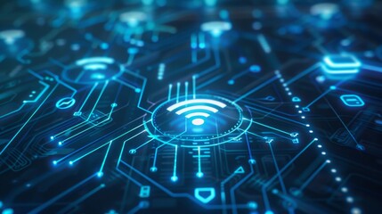 Fototapete - Blue digital interface with WIFI icons and links growing. Cyberspace media environment concept. Seamless loop.