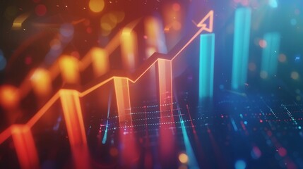 Fototapete - This is a 4K animation of a business infographic with rising arrows and bars, symbolizing growth and success, with glitchy and noisy digital effects.