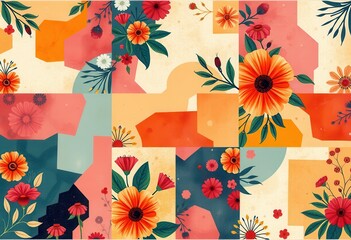 Wall Mural - Abstract Floral Collage with Geometric Shapes and Vibrant Colors