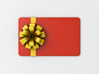 Wall Mural - Red gift card or gift voucher with gold ribbon bow isolated on white grey background with shadow minimal concept 3D rendering