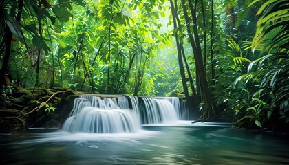 Tranquil Waterfall Cascading Through Lush Tropical Rainforest with Vibrant Foliage and Serene Pool