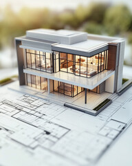 Modern architectural house model with blueprints showcasing detailed design and layout