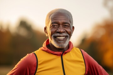 Poster - Portrait of a blissful afro-american elderly 100 years old man wearing a lightweight running vest in front of solid color backdrop