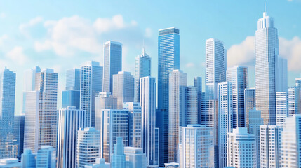  View of tall modern buildings reaching for the blue sky with white clouds.
