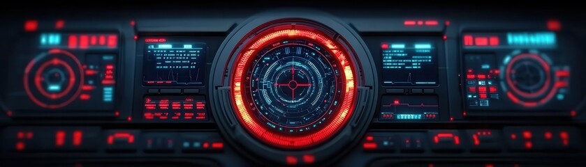 Futuristic dashboard interface with glowing red lights and digital displays.