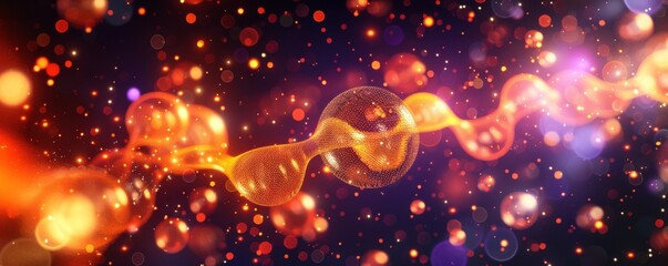 3D rendering of an abstract background with a glowing organic cell and DNA structure, futuristic style