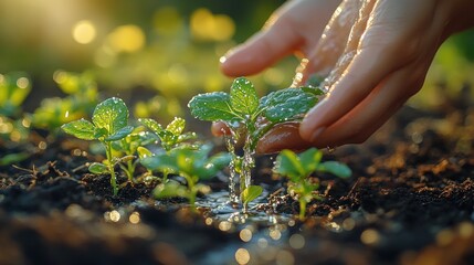 A hand watering young plants in rich soil, symbolizing growth.