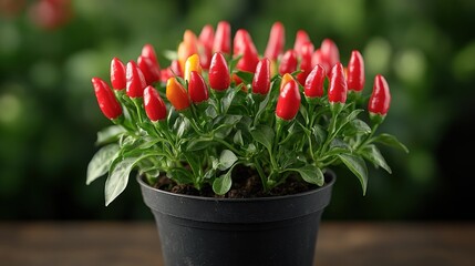 Wall Mural - A vibrant potted plant with red chili peppers and green leaves.