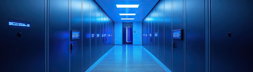  Security protocols are strict in a data storage room, with biometric scanners protecting sensitive information, adding an air of secrecy and high-tech security measures.