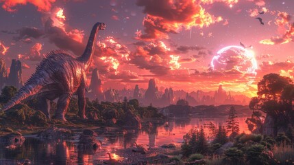 Sticker - Majestic Dinosaur under a Vibrant Sunset Sky