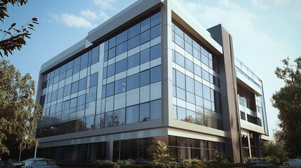 A grey modern office building with reflective glass windows and clean lines