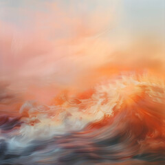 Wall Mural - A painting of a wave with a pink and orange background