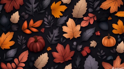 A vibrant collection of autumn leaves and pumpkins set against a dark background, evoking the beauty of the fall season.