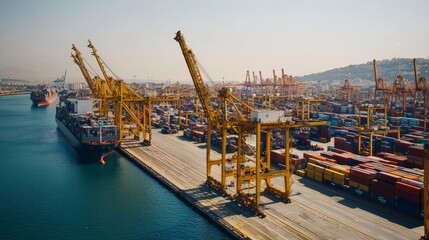 A busy loading dock at a port, with cranes lifting containers onto ships, illustrating the global scale of logistics and material handling