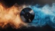 © tinnakorn - A striking vinyl record surrounded by swirling orange and blue smoke, symbolizing the fusion of music and art.