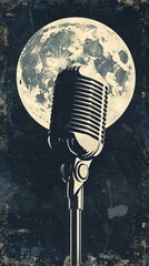 Vintage vocal microphone in the dark with fool moon on background.