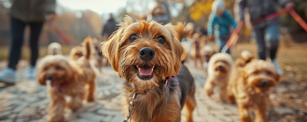 Wall Mural - Close-up of excited dogs on a walk, enjoying the sunshine and fresh air. Free copy space for banner.