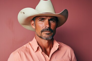 Sticker - Portrait of a satisfied man in his 50s wearing a rugged cowboy hat in solid pastel color wall