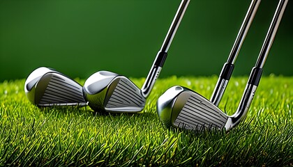 Wall Mural - Precision and Strategy: Golf Clubs on Lush Green Grass Background