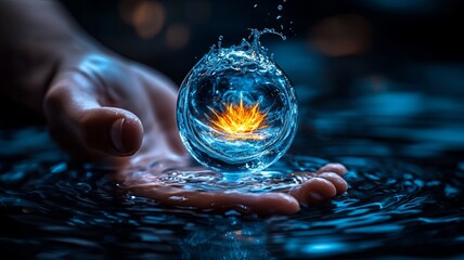 Poster - Water Sphere with Fire Burst in Hand