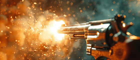 Wall Mural - Close-up of a revolver mid-fire, showing the muzzle flash and golden details. Free copy space for banner.