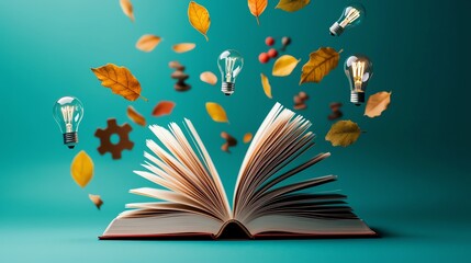 Open book with floating leaves and light bulbs on teal background.