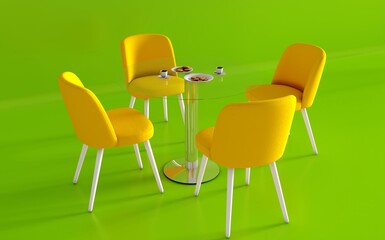 Modern glass round dining table and yellow color chairs isolated on green background