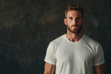 Confident man with a beard, wearing a simple white t-shirt, standing in soft light against a dark textured background, exuding strength and poise.