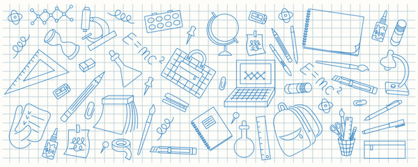 linear doodle set of stationery and stuff for school and education. doodles for logo stickers website poster backdrop wallpaper background