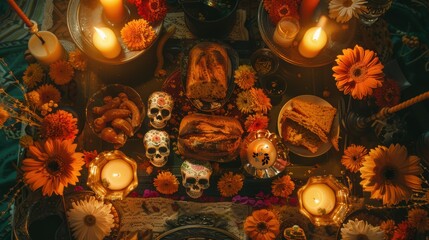 Day of the Dead Altar with Pan de Muerto, Sugar Skulls, Marigolds, and Candlelight Display