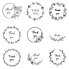 Wall Mural - Floral wreaths with thanks quotes. Botanical hand drawn design elements in circle. Nature vector illustration.